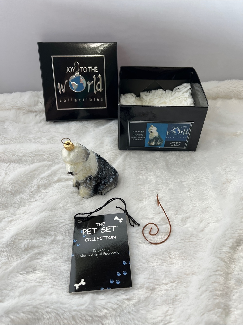Joy To The World Old English Dog Ornament - White, Black & Gold